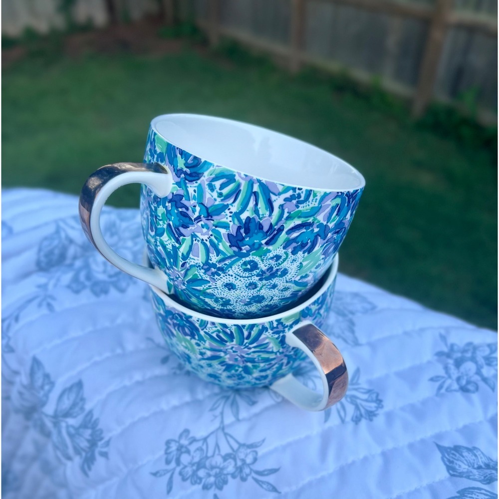 Lilly Pulitzer Ceramic Coffee Mug Set of 2 Blue Purple Floral Gold Handle Mugs